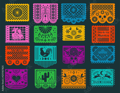 Big set of Mexican Decorative Papel Picado Garland with Ornament, Sombrero Hat and Maracas. Paper Cutting Flags, Day of the Dead Pattern Garland