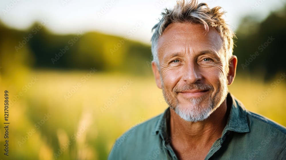 A middle-aged man with a warm smile enjoys nature, exuding confidence and contentment while surrounded by beautiful greenery in a sunlit field full of life and happiness. A middle-aged man with a warm smile enjoys nature, exuding confidence and contentment while surrounded by beautiful greenery in a sunlit field full of life and happiness.