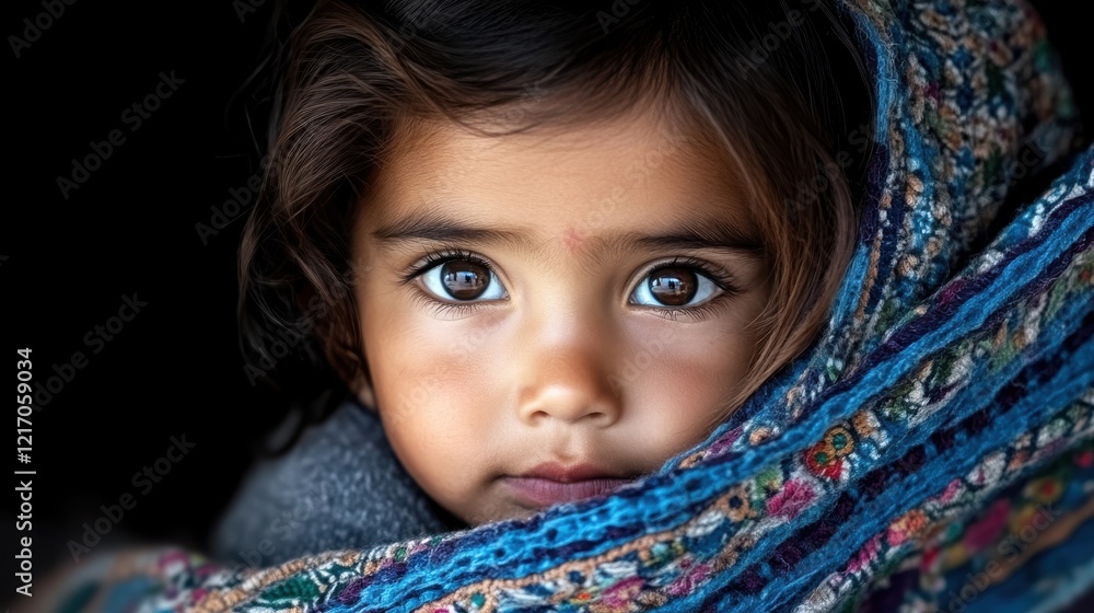 This enchanting child, draped in a beautifully patterned shawl, possesses expressive eyes that convey joy and innocence, captivating viewers with their charm and warmth. This enchanting child, draped in a beautifully patterned shawl, possesses expressive eyes that convey joy and innocence, captivating viewers with their charm and warmth.