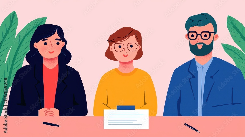 Three diverse individuals in a casual meeting setting, sitting at a table with a notepad, surrounded by greenery against a pink background. Three diverse individuals in a casual meeting setting, sitting at a table with a notepad, surrounded by greenery against a pink background.