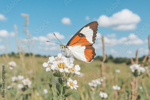 Butterfly on Wildflower: A vibrant orange and white butterfly rests delicately on a white wildflower against a backdrop of a bright blue sky and fluffy white clouds.