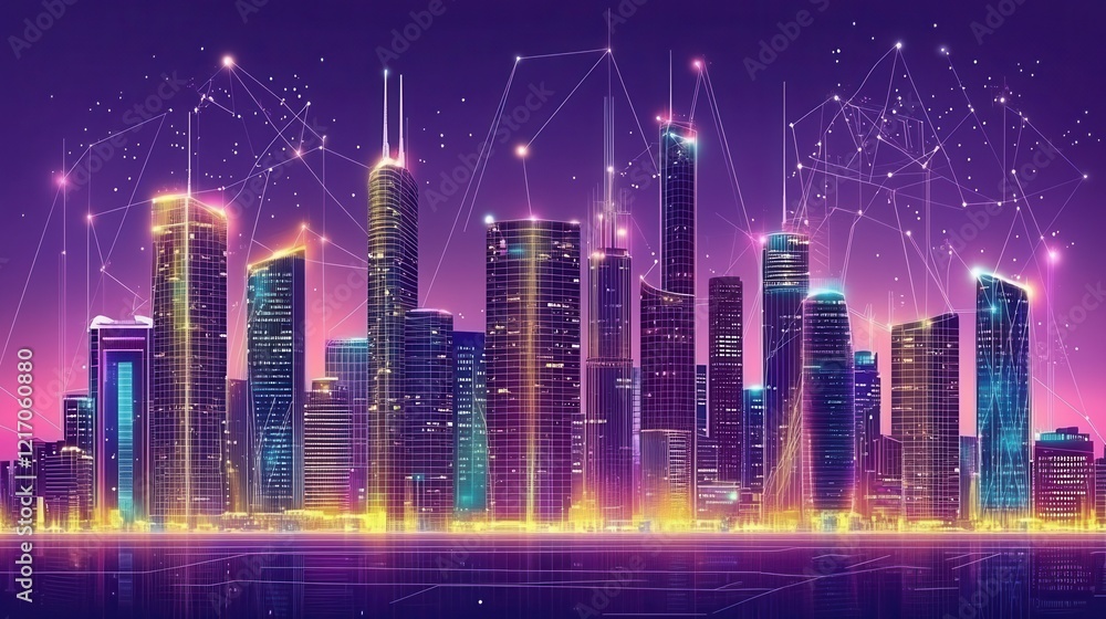 Neon Cityscape Illuminated Digital Network Skyline Neon Cityscape Illuminated Digital Network Skyline