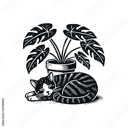  Tabby cat sleeping under Monstera plant, minimalistic vector illustration