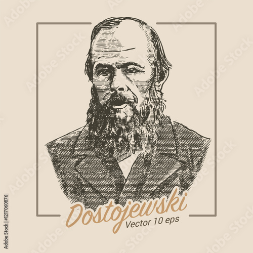 Portrait of Dostoevsky, illustration in the style of a medieval engraving