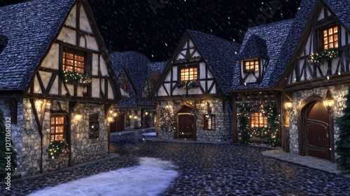 Snow falls on a charming Christmas village street