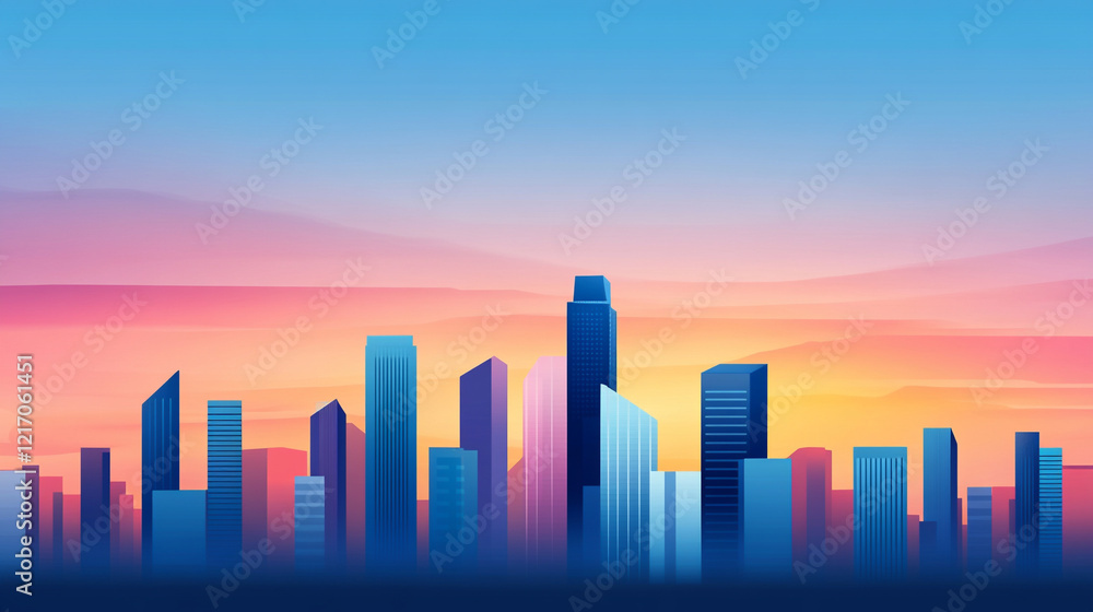 Fototapeta premium Colorful city skyline at sunset with skyscrapers and vibrant sky hues.