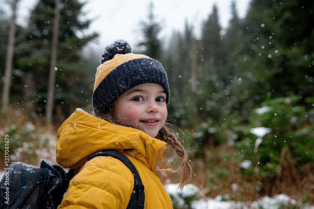 A cheerful child in a bright yellow jacket and black hat stands in a snowy forest, enjoying the winter weather with snowflakes falling around them. A cheerful child in a bright yellow jacket and black hat stands in a snowy forest, enjoying the winter weather with snowflakes falling around them.