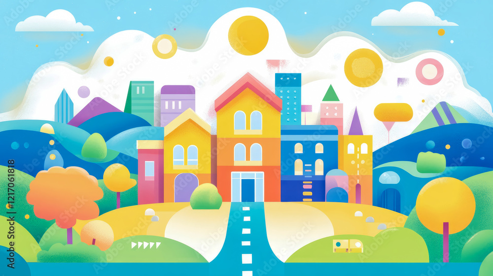 Naklejka premium Charming Town Illustration: Colorful Houses, Road, and Sunny Sky