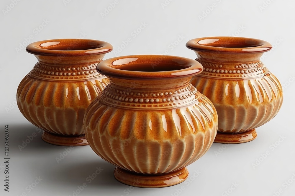 Three ceramic vases in brown color placed side by side on a wooden or glass table Three ceramic vases in brown color placed side by side on a wooden or glass table