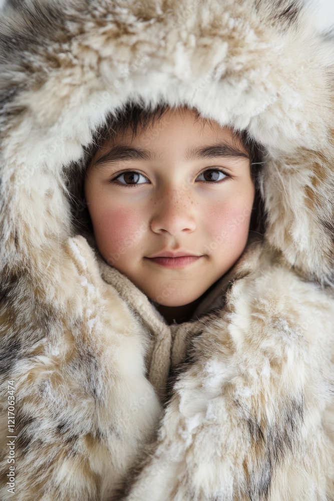Canadian Inuit elder smiling, wearing traditional fur clothing, against a blurred arctic landscape, cultural heritage Canadian Inuit elder smiling, wearing traditional fur clothing, against a blurred arctic landscape, cultural heritage