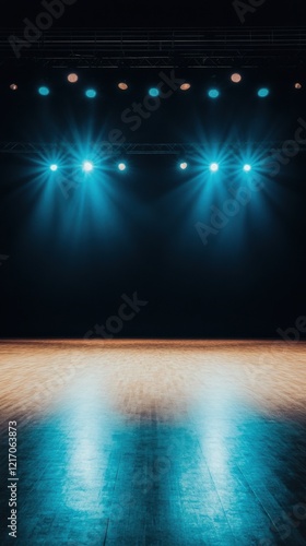 A dimly lit empty stage with blue spotlights and a wooden floor, creating a dramatic and cinematic atmosphere.