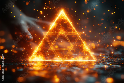 Interlocking tetrahedron shapes float amidst shimmering stars, radiating energy lines, higher dimensions and the essence of creation