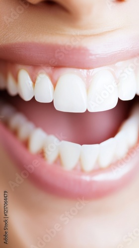 A close-up view of a smiling mouth showcasing perfectly aligned and bright white teeth, possibly with veneers or dentures, conveying a sense of dental health.