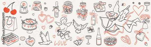 Valentine day print set. Romantic date or holiday collection with cute baby angel or cherub, hearts, flowers, love locket, doves, cupid firing bow. Valentine or wedding invitations, placard elements.