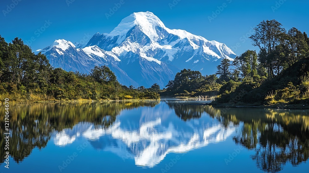 A breathtaking landscape with a snow-capped mountain, a clear blue sky, a calm body of water. A breathtaking landscape with a snow-capped mountain, a clear blue sky, a calm body of water.