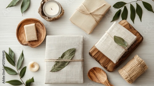 Wallpaper Mural Cozy Autumn Decor with Candle Leaves and Wrapped Gift on Wooden Surface Torontodigital.ca