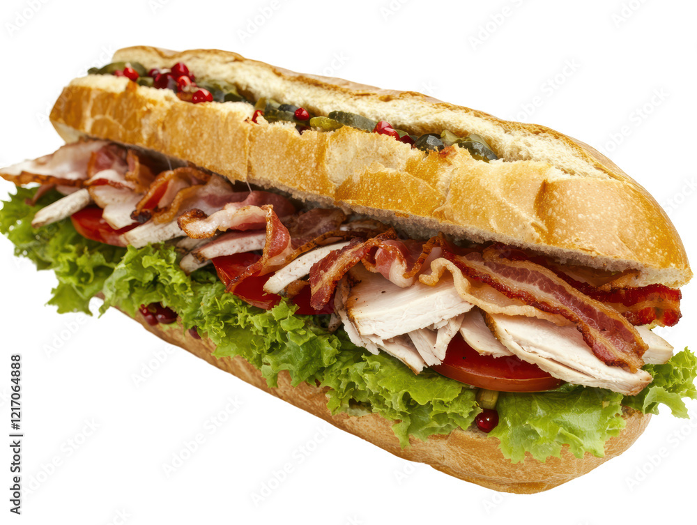 Isolated Long Sub Sandwich with Bacon and Lettuce Isolated Long Sub Sandwich with Bacon and Lettuce