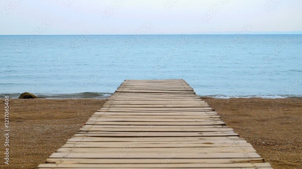 Tranquil wooden dock extending into calm blue sea, with sandy beach and distant horizon Tranquil wooden dock extending into calm blue sea, with sandy beach and distant horizon