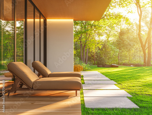 Modern outdoor lounge area with sunlight illuminating the garden at sunset photo