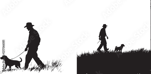 Silhouette of a farmer walking with a dog in a field vector illustration