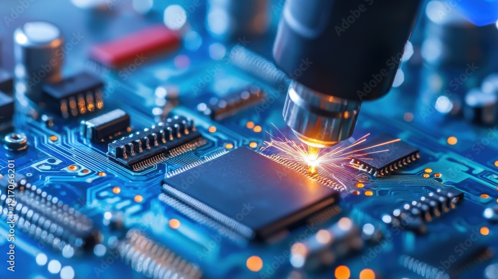 Close up View of Blue Printed Circuit Board with Microchips and Electrical Components Close up View of Blue Printed Circuit Board with Microchips and Electrical Components