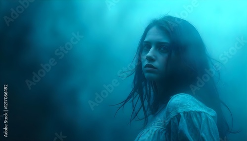 Creepy girl in the mist. Horror and fantasy.