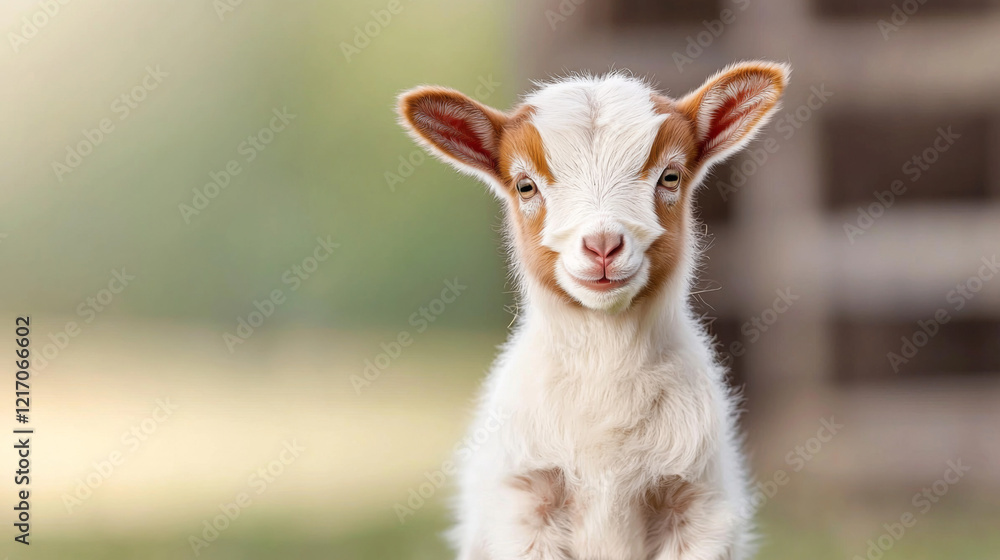 Cute young goat standing outdoors with a soft smile on its face Cute young goat standing outdoors with a soft smile on its face