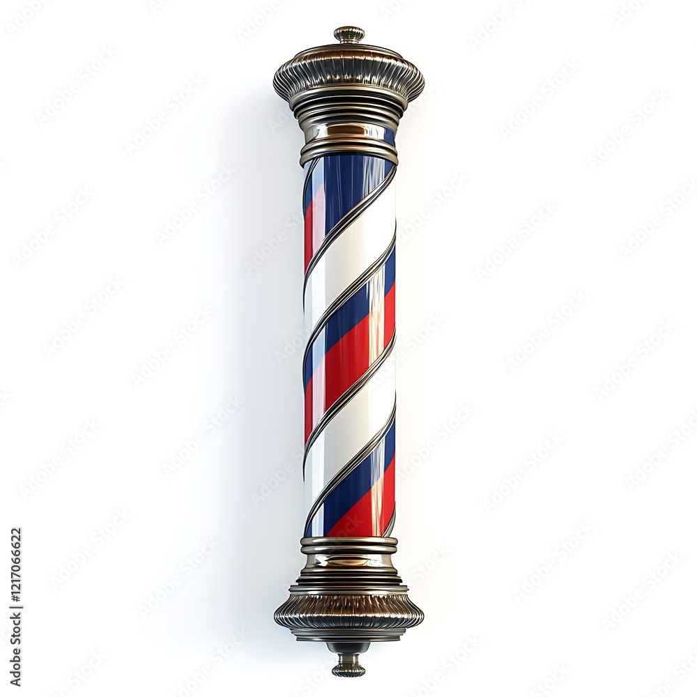 A barber pole with red, white, and blue stripes, set against a white background. A barber pole with red, white, and blue stripes, set against a white background.