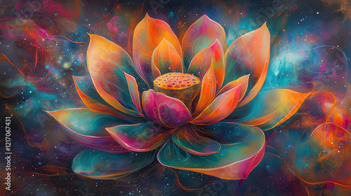 A surreal abstract bloom, twisting fractal-like petals glowing with neon accents in turquoise, orange