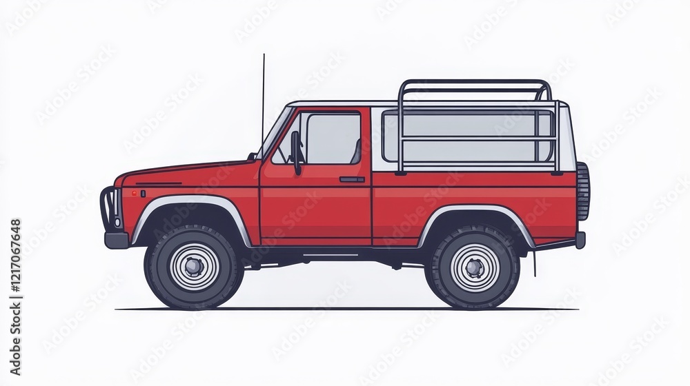 Retro Red Pickup Truck with Roof Rack and Off-Road Tires Retro Red Pickup Truck with Roof Rack and Off-Road Tires