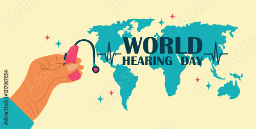 World Hearing Day poster. Vector illustration of world map with hand holding hearing aid