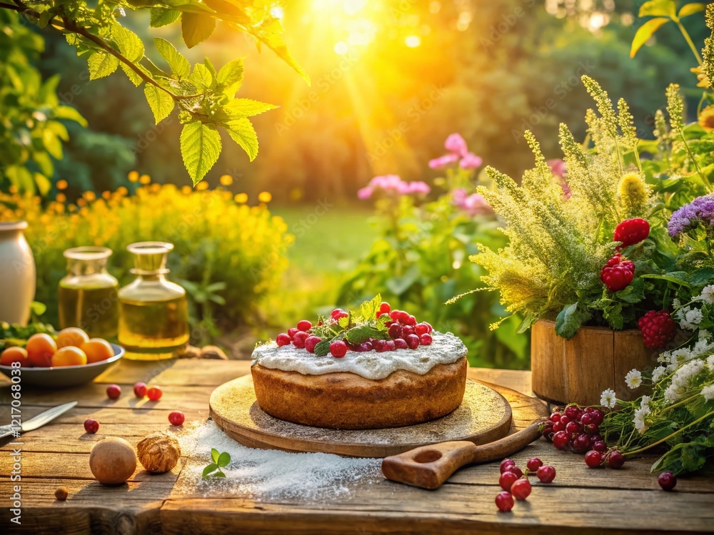 Rustic Countryside Cake Baking Scene: Sunlit Kitchen Garden with Fresh Ingredients