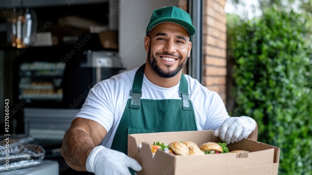 A friendly male worker presents gourmet food boxes with a smile outside a cafe, symbolizing quality and satisfaction in food delivery service in a vibrant urban environment. A friendly male worker presents gourmet food boxes with a smile outside a cafe, symbolizing quality and satisfaction in food delivery service in a vibrant urban environment.