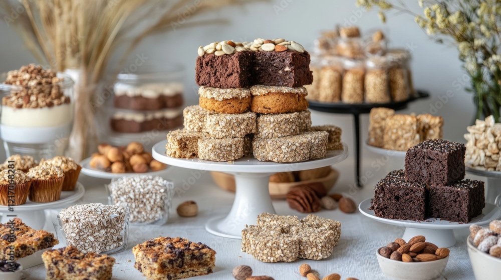 Fototapeta premium Table with a variety of gluten-free products, baked goods with seeds and nuts. Photo for advertising