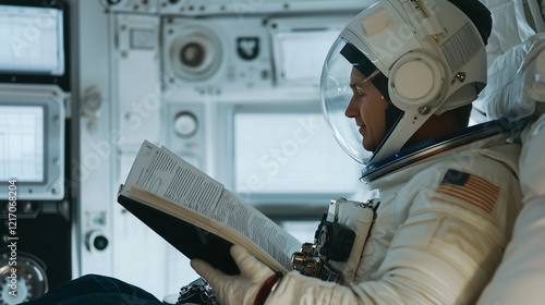 Astronaut Floating in Spacecraft Cabin with Manual