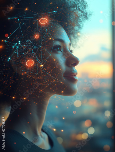 A smiling female CEO gazes thoughtfully into the distance, surrounded by an atmosphere of creativity and inspiration. The office setting reflects her dedication to ideas and management