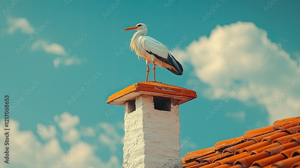 White Stork Perched Atop Chimney Against Blue Sky White Stork Perched Atop Chimney Against Blue Sky