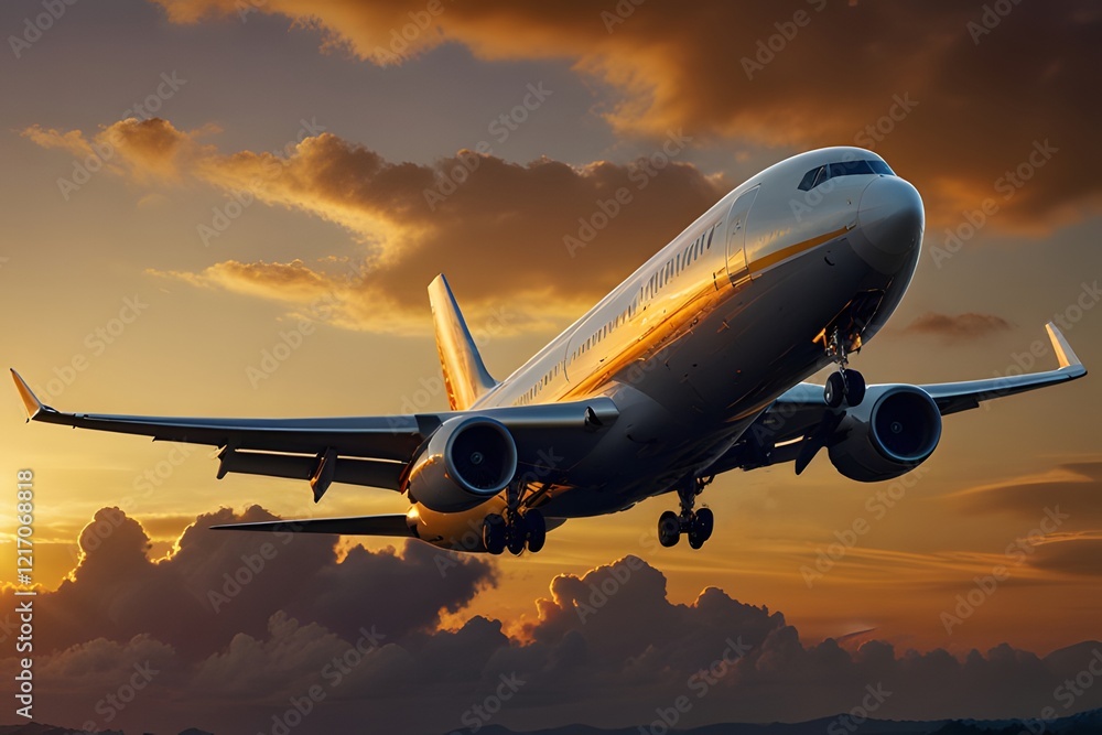 a passenger plane that takes off into the sky, against the background of the setting sun and clouds a passenger plane that takes off into the sky, against the background of the setting sun and clouds
