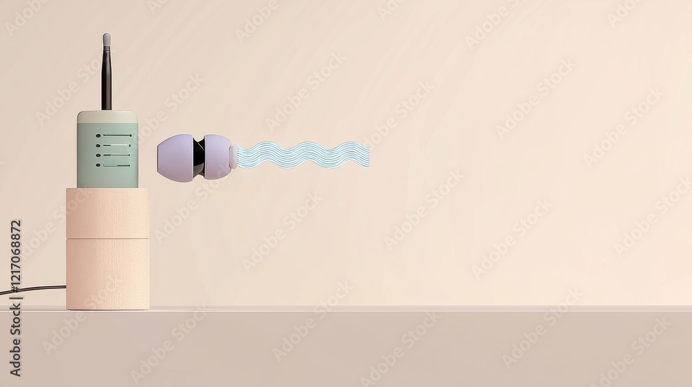 Modern wireless earbuds float beside a stylish charging dock. Modern wireless earbuds float beside a stylish charging dock.