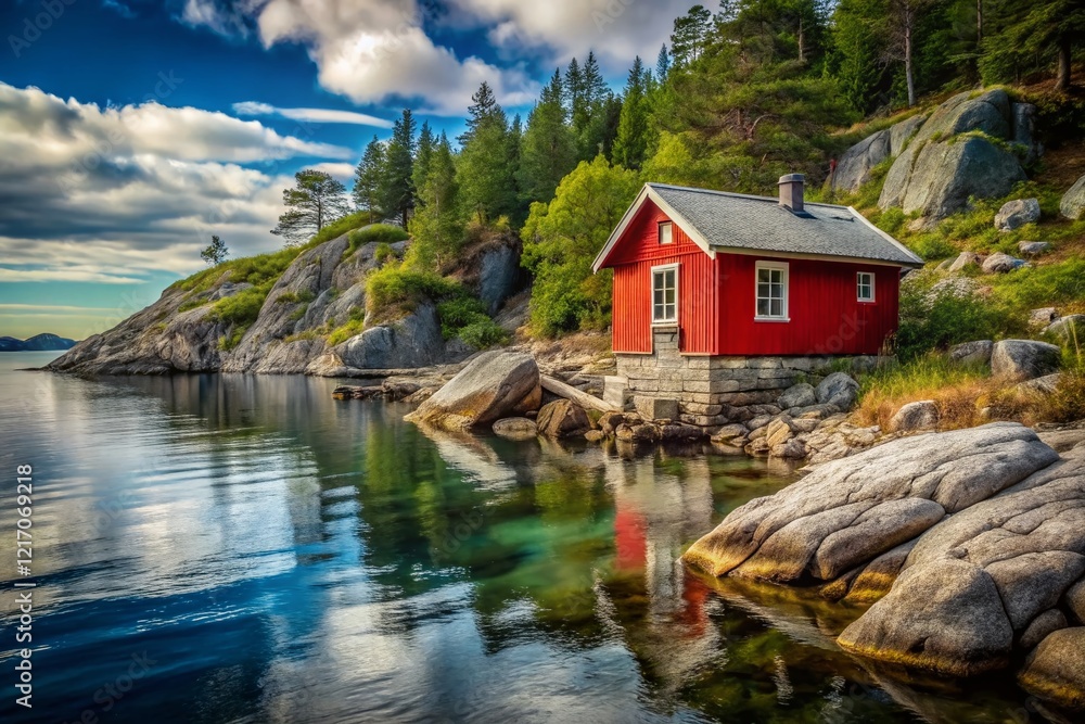 Rustic Red Waterfront Cabin on Rocky Shoreline - Stunning Coastal Landscape Photography Rustic Red Waterfront Cabin on Rocky Shoreline - Stunning Coastal Landscape Photography
