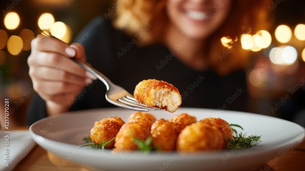 An inviting close-up image depicts a woman enjoying crispy golden appetizers served elegantly on a plate in a warm dining atmosphere, radiating happiness.