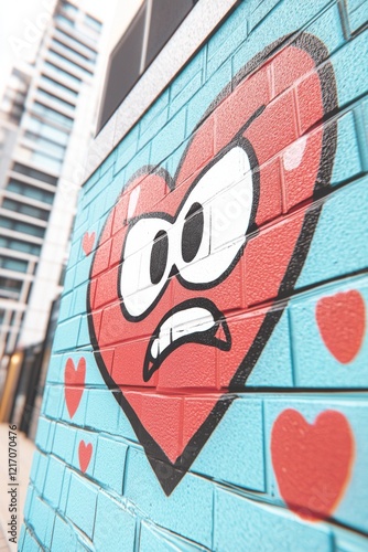 Colorful graffiti on a brick wall featuring a cartoonish, expressive heart with bold outlines, set against a vibrant urban backdrop. photo