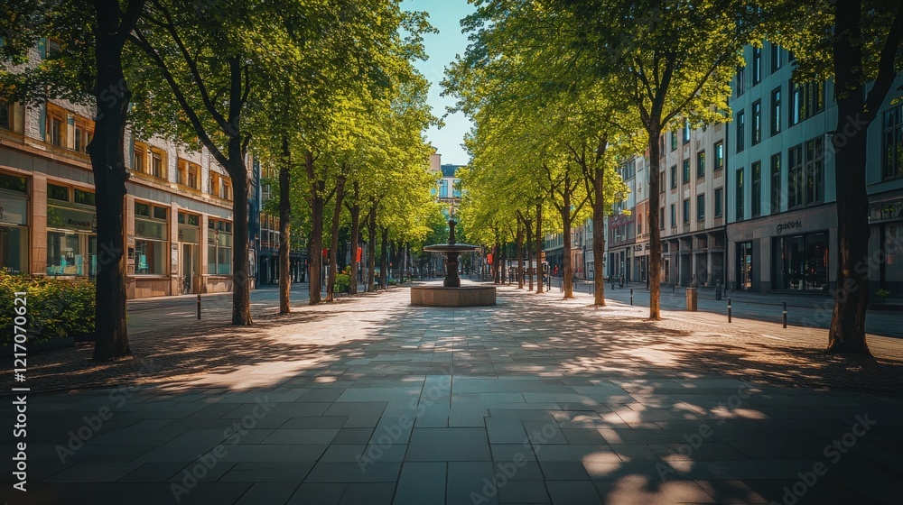 There are fountains spraying water on the sidewalks of squares in the city