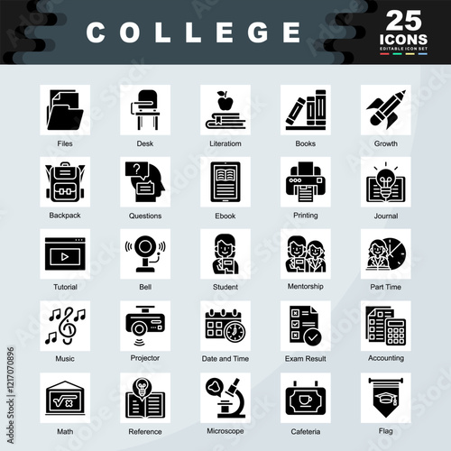 College icon collection set. Containing Student, Tutorial, Journal,Books, Accounting, Microscope, Projector,Desk icon. Simple line vector