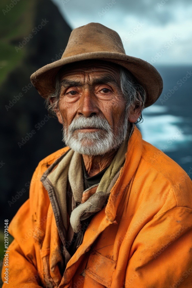 Tristan da Cunha community elder standing alone, traditional survival clothing, soft maritime lighting, ocean landscape, remote island living Tristan da Cunha community elder standing alone, traditional survival clothing, soft maritime lighting, ocean landscape, remote island living