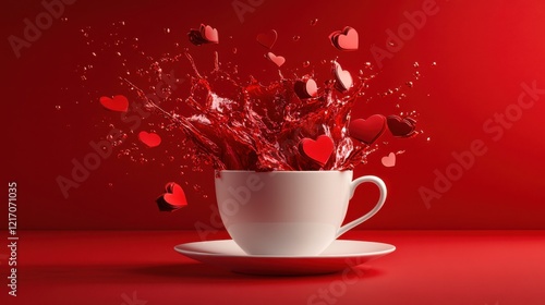 Heartfelt Brew: A Playful Visual of a Porcelain Mug Overflowing with Heart-Shaped Confetti, Set Against a Vibrant Red Backdrop, Representing the Joyful and Heartwarming Experience of Sharing a Cup of