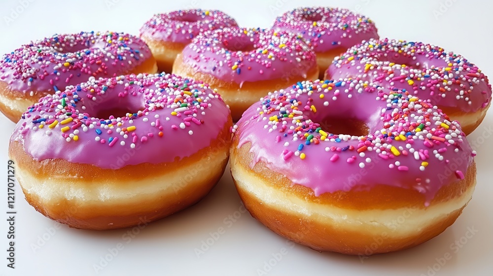 Freshly Baked Glazed Donuts with Pink Icing and Colorful Sprinkles Freshly Baked Glazed Donuts with Pink Icing and Colorful Sprinkles