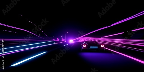 Night drive, neon lights, fast speed, car.