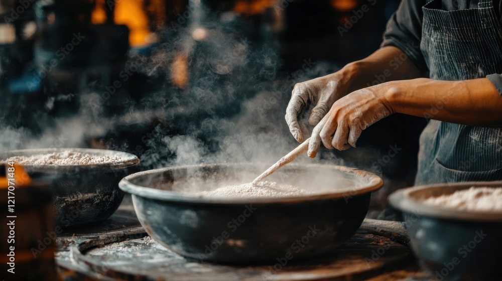 Chef Carefully Seasoning and Plating Delicious Homemade Meal in Steamy Kitchen Chef Carefully Seasoning and Plating Delicious Homemade Meal in Steamy Kitchen