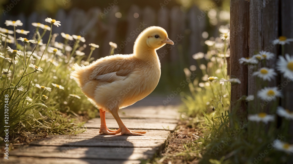 Cute chick in the idyllic country side yard Cute chick in the idyllic country side yard